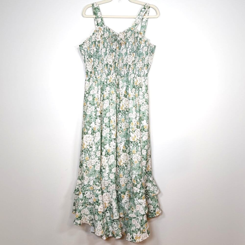 Grace Karin Floral Sundress Smocked Ruffle Hem Green XL Cottagecore Coquette